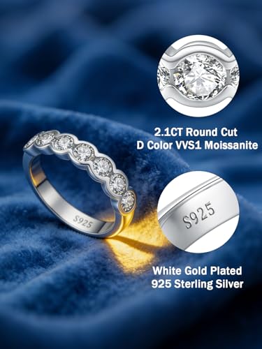 2.1CT Moissanite Wedding Anniversary Rings, Half Eternity Ring Band | For Wife Sentimental Thank You Gifts, Bezel Set D Color VVS1, 925 Sterling Silver, White Gold Plated