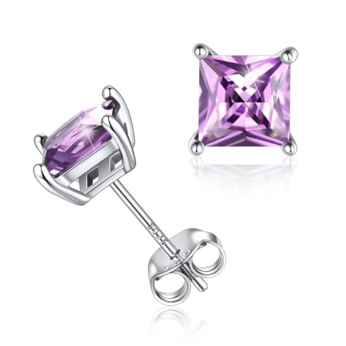 ChicSilver 925 Sterling Silver Earrings Sparkling Heart/Round/Princess Cut Birthstone Earrings for Women Birthday Jewelry with Gift Box - style: A.June(Alexandrite)-Princess Cut