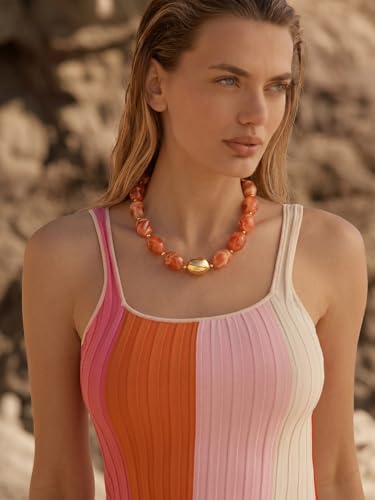 Chunky Beaded Necklaces for Women Statement Necklace | Bold Chunky Choker, Large Resin Beads, Adjustable Necklace, Boho Trendy Summer Beach Holiday Jewelry - color: Orange