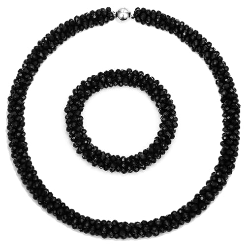 Hand Knotted Beads Statement Necklace Bracelet Jewelry Set Artificial Crystal Choker for Women- Handmade Beaded Strand Sparkly Faceted Crystal Rondelle-17inches, 30 Colors - color: Black Set
