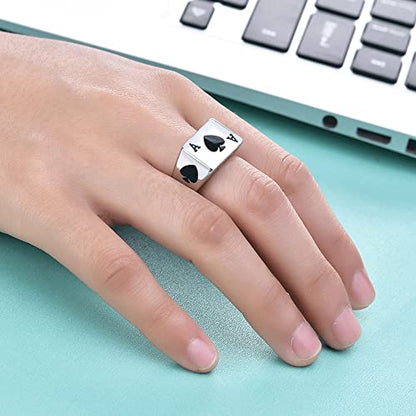 VQYSKO 14K Gold Plated Square Signet Ring | Stainless Steel Band for Men - color: Silver Spade Ace