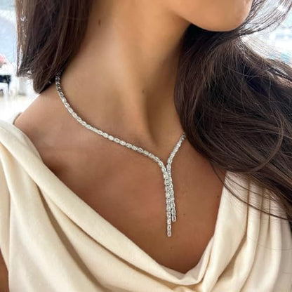 STONEFANS Long Tennis Necklaces for Women - Dainty Silver Lariat Necklace Rhinestone Y Shaped Drop Necklace Cute Choker Necklaces for Women Trendy Silver Prom Jewelry Gifts - color: Silver-Gem