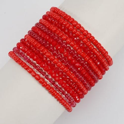 Caiyao 12Pcs Bohemia Multilayer Resin Seed Beaded Stackable Bracelets Colorful Crystal Glass Beads Stretch Bracelet BFF Friendship Elastic Wristbands for Women Men Summer Beach Boho Vacation Jewelry - color: Red