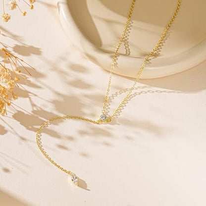 14K Gold Plated Layered Lariat Necklace for Women - Waterproof Non-Tarnish Dainty Gold Chain Necklace, Long Boho Statement Jewelry for Wedding, Prom, Summer Vacation Gifts - color: Two CZ Y Necklace-Gold