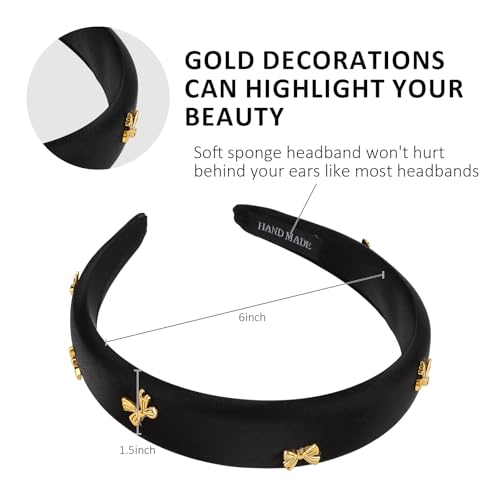 CURASA Padded Headband For Women Cute Non Slip Head Band Soft Sponge Hairband Black Trendy Satin Hairbands Fashion Gold Metal Bow Decorative Hair Hoop Comfortable Elastic Yoga Hair Accessories
