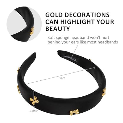 CURASA Padded Headband For Women Cute Non Slip Head Band Soft Sponge Hairband Black Trendy Satin Hairbands Fashion Gold Metal Bow Decorative Hair Hoop Comfortable Elastic Yoga Hair Accessories