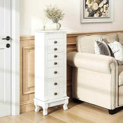 Giantex Standing Jewelry Cabinet with 7 Drawers, Flip-Top Mirror, 2 Side Doors with 12 Necklace Hooks, Divided Ring Compartments, Velvet-Lined Jewelry Armoire Organizer Chest (White) - color: White
