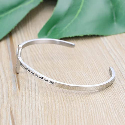 Memgift 𝐂𝐫𝐨𝐬𝐬 𝐁𝐫𝐚𝐜𝐞𝐥𝐞𝐭 Religious Cuff Bangle 𝐁𝐢𝐛𝐥𝐞 𝐕𝐞𝐫𝐬𝐞 Christian Gifts Jewelry for 𝐖𝐨𝐦𝐞𝐧 - style: Silver cuff-God is within her, she will not fall -Psalm 46:5