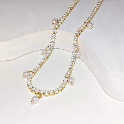 Luxval Tennis Necklace 14K Gold Plated Rhinestone Butterfly Choker Necklaces for women Dainty Zirconia Cut Faux Diamond chain 3mm - color: Gold-Pearl dangle tennis