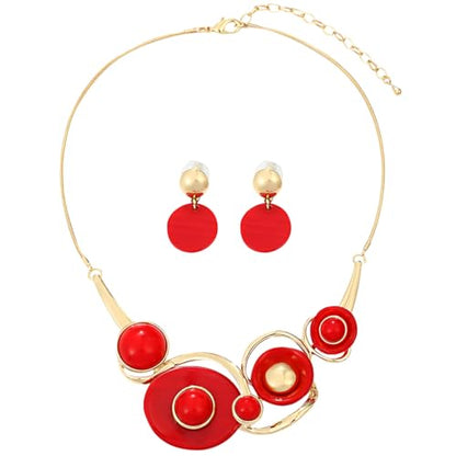Chunky Statement Jewelry Set Vintage Retro Leaf Flower Floral Geometric Bohemian Boho Bib Necklace Earring Set Fashion Costume Jewelry for Women Girls Wedding Party Prom Unique Gift - style: circle JS gold red