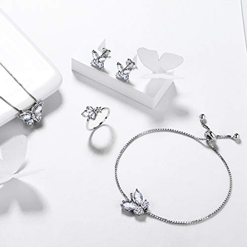Aurora Tears Butterfly Jewelry,Women 925 Sterling Silver Butterflies Birthstone Pendant Necklace/Earrings/Rings Wedding Gift - color: D.April-set 3