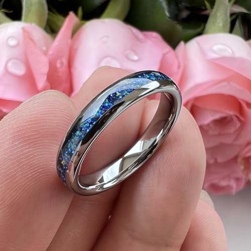 TUTISS 4mm Silver/Black Tungsten Rings for Women Men Engagement Wedding Bands Genuine Blue Green Galaxy Opal Inlay Domed Polished Comfort Fit - color: 4mm Tungsten Blue Galaxy Opal