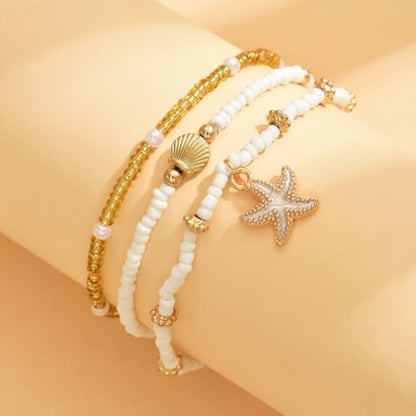 3PCS Boho Anklets for Women Summer Beach Women's Ankle Bracelets Beaded Anklet Bracelet Waterproof Beach Anklets Shell Starfish Anklet Foot Chain Jewelry for Women - color: 3PCS/Gold