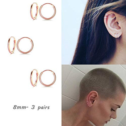 EPIRORA Sterling Silver Hoop Earrings for Women Men, Hypoallergenic Cartilage Earring Endless Small Hoop Earrings Set, 3 Pairs Tragus Earrings (8mm/10mm/12mm) - style: 7# 3 Pairs(8mm*3)-Rose Gold