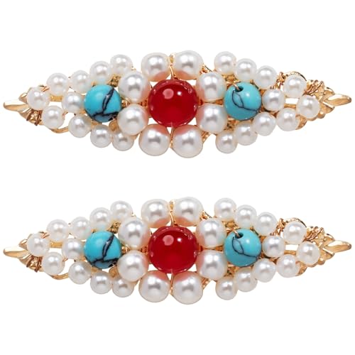 A Pair Wedding Hair Clips, Handmade Floral Design Crystal Hair Clips Pearl Barrettes, Rhinestones Flower Clips Pearl Headpieces Hair Pins Hair Accessories for Women Girls (White Pearl) - color: White Pearl