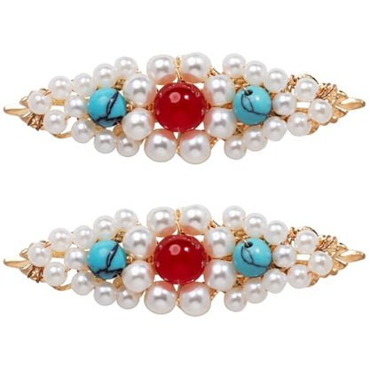 A Pair Wedding Hair Clips, Handmade Floral Design Crystal Hair Clips Pearl Barrettes, Rhinestones Flower Clips Pearl Headpieces Hair Pins Hair Accessories for Women Girls (White Pearl) - color: White Pearl