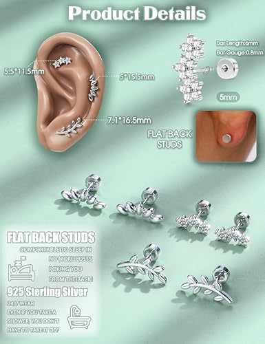 925 Sterling Silver Flat Back Stud Earrings for Women Hypoallergenic | 14K Gold Plated Cartilage Earrings for Sensitive Ears | Leaf Flower CZ Helix Tragus Piercing Jewelry - color: S-Flower Style