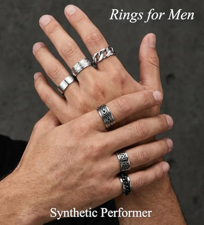 CASDAN 12Pcs Stainless Steel Vintage Signet Rings for Men | Silver Square Pinky Thumb Chunky Thin Band Ring,High Polished Men Ring ,Vintage Spinning Biker Band Rings Set 7-13