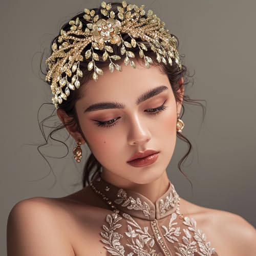 Bridal Headband,Rhinestone Crystal Floral Wedding Headpiece Flower Leaf Hair Accessories for Bride Wedding (Champagne) - color: Champagne