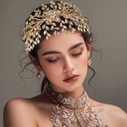 Bridal Headband,Rhinestone Crystal Floral Wedding Headpiece Flower Leaf Hair Accessories for Bride Wedding (Champagne) - color: Champagne