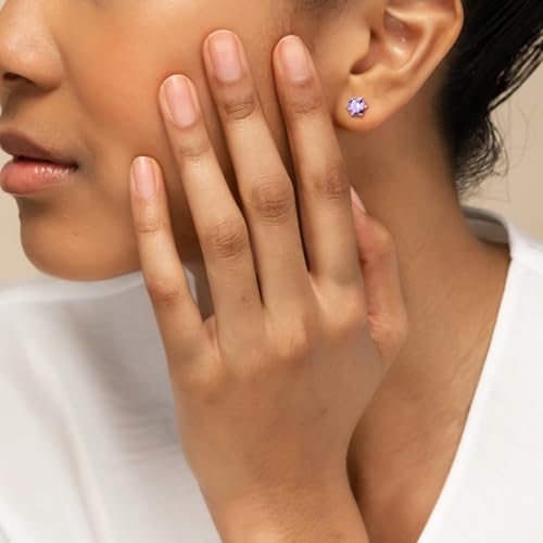 DAYBYDAY 925 Sterling Silver Birthstone Earrings for Women, Crystal Stud Earrings, 6.5mm Round Cut Solitaire Gemstone Earrings Birthday Jewelry - style: Round Cut-02. Feb/created amethyst