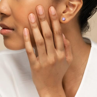 DAYBYDAY 925 Sterling Silver Birthstone Earrings for Women, Crystal Stud Earrings, 6.5mm Round Cut Solitaire Gemstone Earrings Birthday Jewelry - style: Round Cut-02. Feb/created amethyst