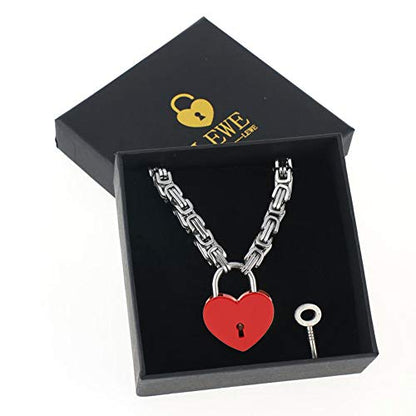 Heart Padlock Collar Stainless Steel Lock Necklace Byzantine Chain Necklace Locking Collar Choker for Men Women Jewelry - style: F