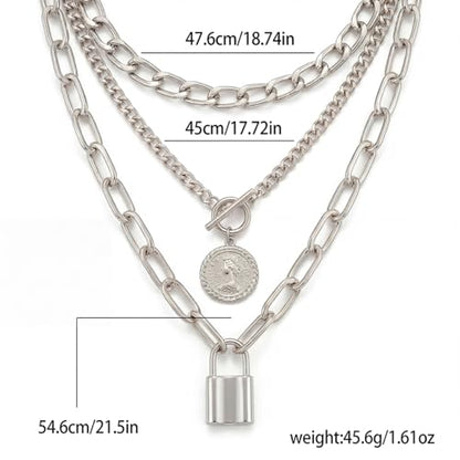 9-Piece Gold Tone Layered Chain Necklace Set for Women, Versatile Stackable Necklaces with Vertical Bar/Herringbone/Padlock Coin Charms, Trendy Boho Jewelry - style: TZY-003360