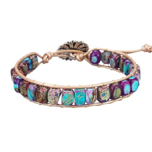 Plumiss Women Boho Handmade Natural Stone Crystal Leather Bead Wrap Bracelets Collection - style: Purple Blue Jasper 1W
