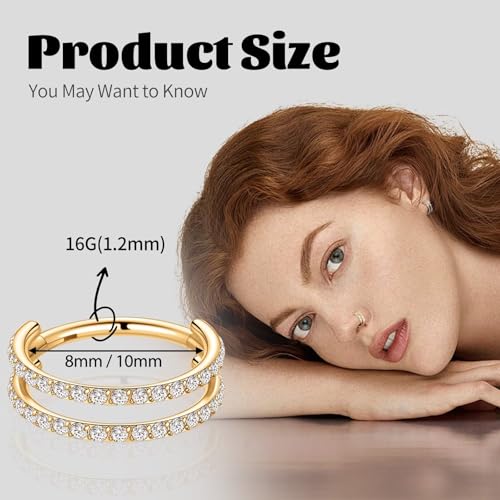 G23 Titanium Conch Piercing Jewelry Hoop: 16G 8mm/10mm/12mm Diamond Cartilage Earring Helix Double Piercing Hoop Septum Rings Hypoallergenic Nose Rings Hinged Segment Clicker Lip Rings Rook Daith Tragus Earrings - color: Gold-Double Layers, Two Rows CZ