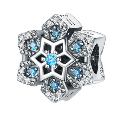 925 Sterling Silver Charms Bead for Bracelets Necklaces, Star Moon Crescent Sun Solar Pendent, Blue Ocean Starfish Shells Turtle Crab Starry Sea Cute Jewelry Birthday Gifts for Women Men - style: Blue Snowflake Bead Charms