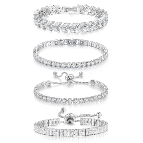 4 Pcs Tennis Bracelet Set Silver Plated Marquise Cubic Zirconia CZ Diamond Dainty Adjustable Silver Bracelets for Women Brides Stackable Fashion Jewelry Wedding Prom Gift - color: Silver-4PCS Tennis Bracelet Set