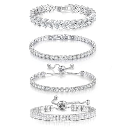 4 Pcs Tennis Bracelet Set Silver Plated Marquise Cubic Zirconia CZ Diamond Dainty Adjustable Silver Bracelets for Women Brides Stackable Fashion Jewelry Wedding Prom Gift - color: Silver-4PCS Tennis Bracelet Set