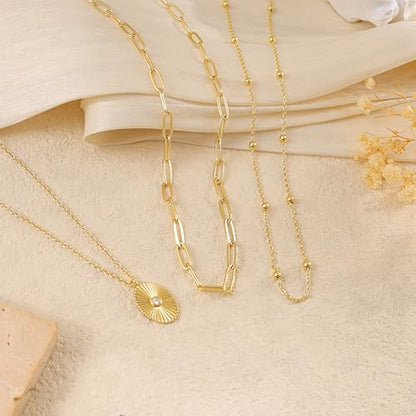 Dainty Layered Necklaces for Women,14k Gold Plated CZ Choker Necklace Stack | 14K Gold Plated Necklace set,Non Tarnish Hypoallergenic Beaded Paperclip Chain Necklace Stack Women's Minimalist Jewelry Gift - color: Gold-3