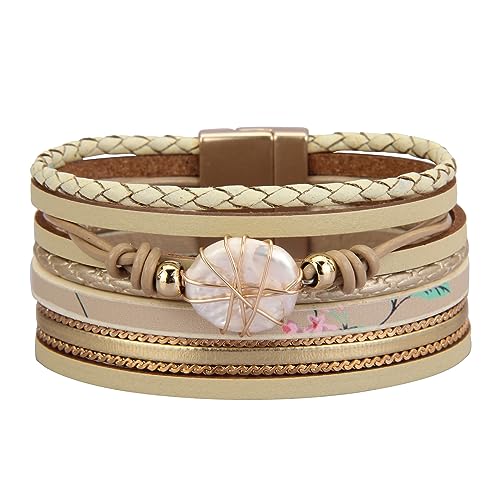 GelConnie Leather Cuff Bracelet Baroque Pearl Wrap Bracelet Gorgeous Gold Tube Bangle Boho Bracelet Bohemian Wristband Jewelry Gift for Women Wife - color: Women Leather Bracelet