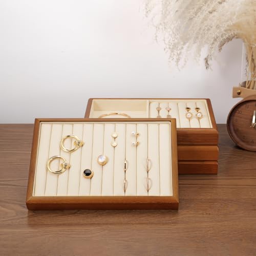 Oirlv Wood Jewelry Pendant Display Tray | Solid Wood Frame, Soft Microfiber Lining, 9.84X17X1.18in, Elegant Display, Perfect for Necklaces and Pendants - color: Cream, size: 12 insert