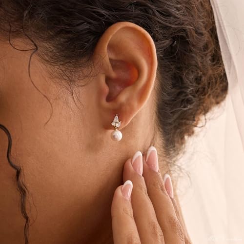 Pearl Earrings for Women:Gold Wedding Dangle Drop Earring Pearl Jewelry | 14K Gold Plated Pearl Drop Earrings for Women,Dainty Wedding Bride Earring Studs,Gold Dangle Drop Earring,Waterproof Jewelry - size: 1 pcs-6