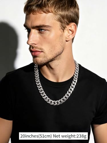 FindChic Cuban Link Chain Necklace for Women Men, Silver/Gold Plated Stainless Steel Solid Miami Curb Chain Hip Hop Punk Statement Jewelry, 5/12/14mm Width, 16/18/20 Inch Length, with Gift Box - color: 05. 14mm-Silver, size: 20inches