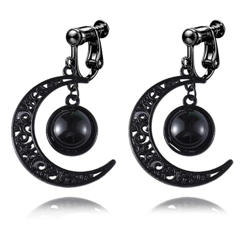 Gothic Moon Clip On Earrings for Women Black Filigree Dangle Moon Earrings Halloween Witch Earring Colorful Crystal Vampire Earring Accessories Halloween Jewelry Gifts - color: Black