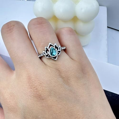 Lotus Ring for Women - Zircon Inlaid Flower Promise Ring - My Trauma Inspirational Statement Floral Jewelry Gift - color: blue