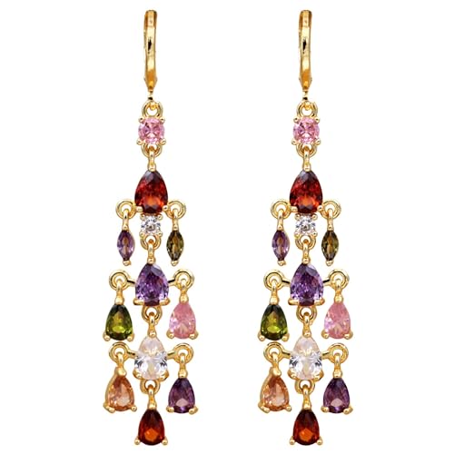 18K Gold Plated Flower Dangle Earrings for Women, Hypoallergenic Cubic Zirconia Earrings, Elegant CZ Drop Earrings, Statement Jewelry Gifts Party Fashion - style: Chandelier-Gold-Mix