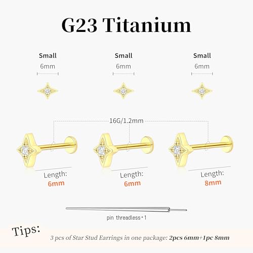 Flat Back Stud Cartilage Earrings Tragus Helix Piercing Jewelry Titanium | Conch Nose Piercing,Small Tiny Studs for Women,Threadless/Internally Threaded,Surgical Steel,Hypoallergenic,16G/18G/20G - color: Gold01-Star (6mm*2+8mm*1), size: Threadless-16G(1.2