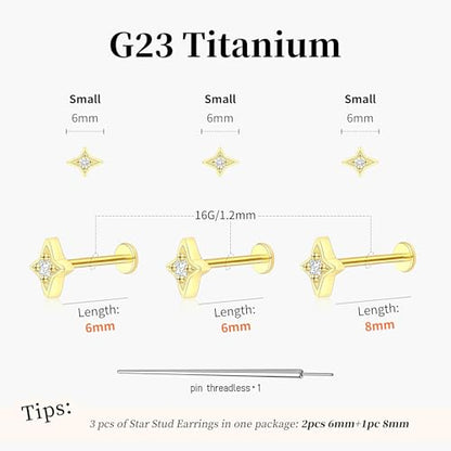 Flat Back Stud Cartilage Earrings Tragus Helix Piercing Jewelry Titanium | Conch Nose Piercing,Small Tiny Studs for Women,Threadless/Internally Threaded,Surgical Steel,Hypoallergenic,16G/18G/20G - color: Gold01-Star (6mm*2+8mm*1), size: Threadless-16G(1.2