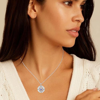 Compass Necklace Sterling Silver Nautical Graduation Gift | 925 Sterling Silver compass pendant with meaningful nautical design, jewelry for women, graduation and travel gift - color: Purple