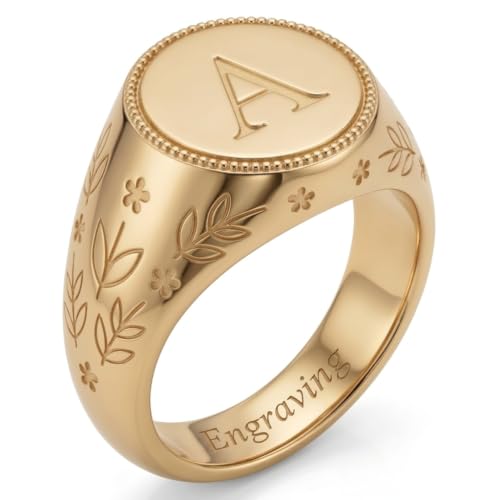 10K/14K/18K Solid Gold Initial Signet Ring for Women, Personalized Custom Letter Ring, Engravable Inner Band, Jewelry Gift for Wife Mom Daughter Girlfriend