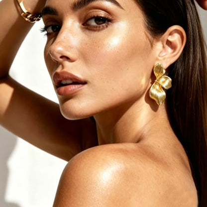 OGD Chunky Gold Statement Earrings For Women Trendy Gold Plated Sectored Flower Leaf Angel Wing Earrings Large Stud Jewlery Hypoallergenic - color: Flower-Gold