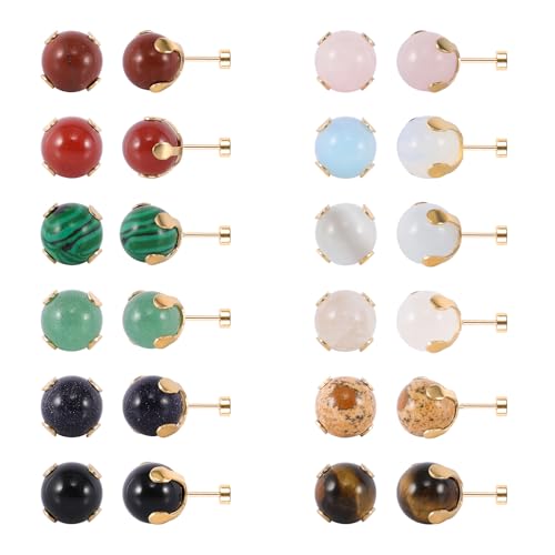 12 Pairs Multi Natural Gemstone Round Bead Ball Stud Earrings Stainless Steel Opal Tiger Eye Rose Quartz Onyx Stone Stud Earrings Set for Women - color: Gold flatback 8mm