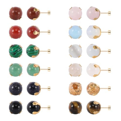 12 Pairs Multi Natural Gemstone Round Bead Ball Stud Earrings Stainless Steel Opal Tiger Eye Rose Quartz Onyx Stone Stud Earrings Set for Women - color: Gold flatback 6mm