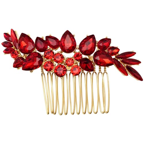 Bridal Crystal Hair Accessories Small Wedding Gold Hair Piece with Comb for Women Girls (Red) - color: Red