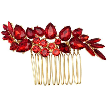 Bridal Crystal Hair Accessories Small Wedding Gold Hair Piece with Comb for Women Girls (Red) - color: Red